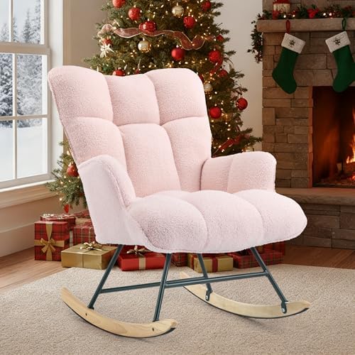 SAETSFEG Rocking Chair Nursery Teddy Upholstered Glider Rocker Rocking Accent Chair Padded Seat with High Backrest Armchair Comfy Side Chair for Living Room Bedroom Offices (Pink Teddy) - Image 3