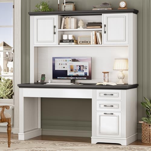 SEDETA Farmhouse Computer Desk with Hutch and 3 Drawers, 47.2" Executive Office Desk with Storage Drawers, Wood Desk with Power Outlet for Home Office, White by SEDETA