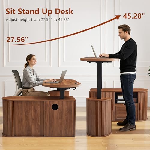 55" L Shaped Oval Electric Wood Standing Desk with Storage - Image 4