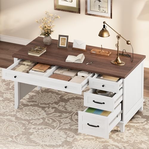 GarveeHome Executive Desk with Drawers, Farmhouse Home Office Desk with Charging Station, 53.54 in Wooden Computer Desk with File Cabinet Storage for Work Study Writing,White Walunt - Image 3