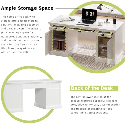67" Large Executive Office Desk, Modern White Wood Office Computer Desk, Rectangle Home Office Desk with 2 Wooden Doors Storage Cabinet and 3 Drawers, Writing Table,Workstation (White, 67") - Image 5