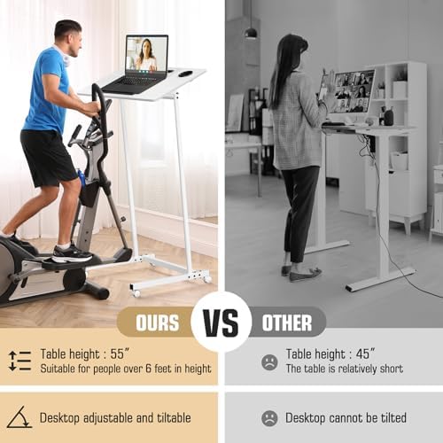 Eocnrhe Treadmill Desk, Mobile Small Standing Desk with Wheels for Walking Pad, Portable Table for Laptop, Rolling Table Adjustable Height, Bedside Table，White - Image 4