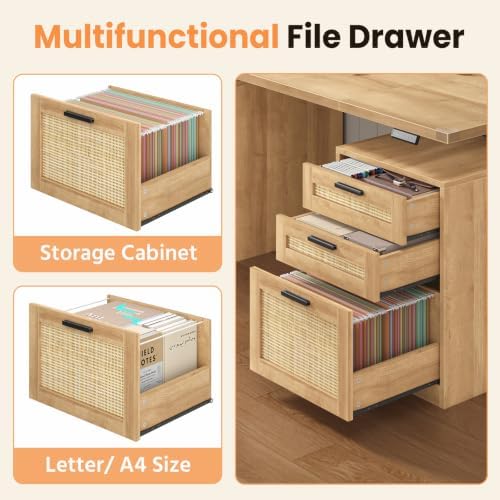 60" Rattan Electric Standing Desk with Drawers for Home Office, Oak - Image 6