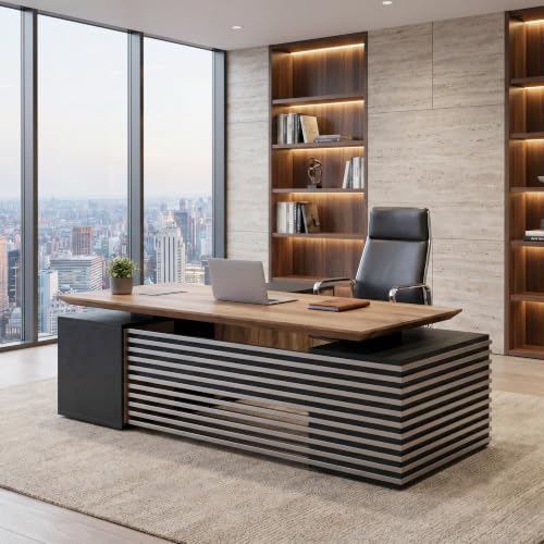 SAINTCY L Shaped Executive Standing Desk with Drawers, 86.61In Large Modern Adjustable Heigh Home Office Desk w/Universal Charging Ports, Business Workstation, 2.56" Thick Floating Desktop - Image 4
