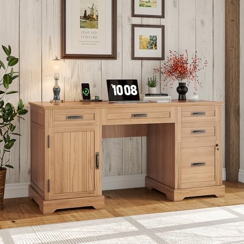 Whalefall 55'' Farmhouse Desk Home Office with Drawers, Light Walnut - Image 3