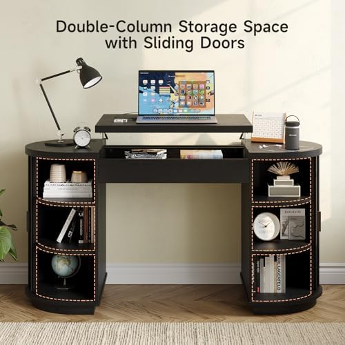 ONBRILL 59 Inches Office Desk with Lift Top, Fluted Executive Desk Black - Image 4