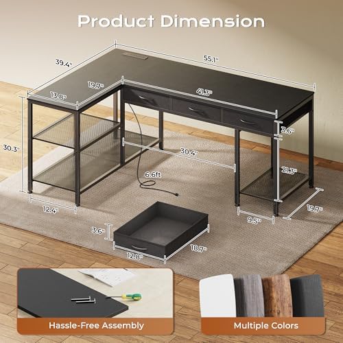 PRAISUN 55 Inch L Shaped Office Desk with Power Outlets and Type-C Port, Large Computer Gaming Desk with 3 Fabric Drawers, Mesh Shelves, Corner Study Work Writing Desk, Black - Image 3