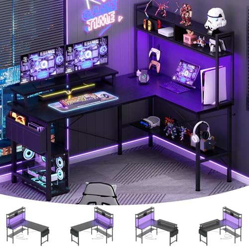 Aheaplus L Shaped Gaming Desk with Power Outlets & LED Lights, Black by Aheaplus