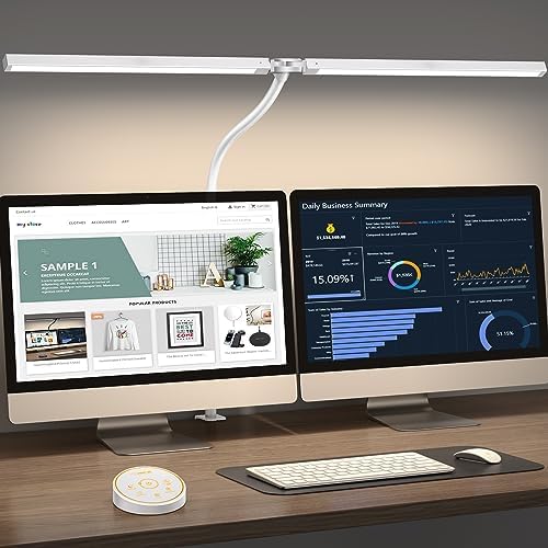 Pzloz Led Desk Lamp for Office Home - Eye Caring Architect lamp with Clamp,Dual Screen Computer Monitor Work Smart Light: 24W 5 Color Flexible Adjustable Lighting Table Lamp for Study White by LedDeskLamp-Pzloz