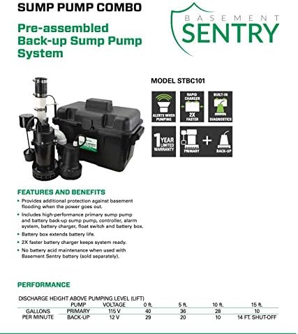 Basement Sentry Battery Backup Sump Pump System Combo (Pre-Assembled) Primary Sump Pump and Battery Back-up Pump, Controller, Alarm System, Charger, Float Switch and Battery Box - Image 2