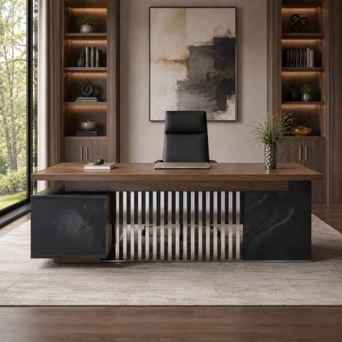 70.86 inch Inch Large Executive Desk with Drawers Cabinet, L Shaped Office Desk, Computer Desk with Universal Charging Ports and Cable Management for Business Furniture Set Workstation for Home Office - Image 5