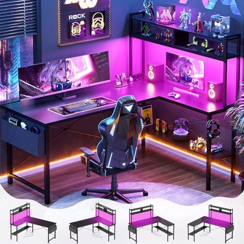 Aheaplus 59" L Shaped Desk Gaming Desk with LED Light & Power Outlet, Black by Aheaplus