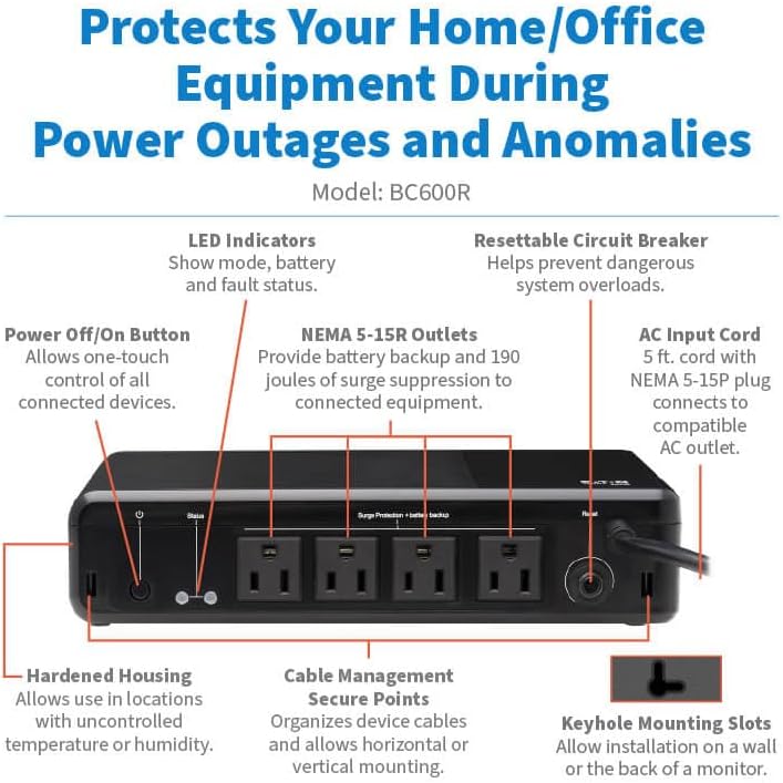 Eaton Tripp Lite BC600R 600VA Small UPS 300W Battery Backup Surge Protector, 600VA (Pack of 3) - Image 2