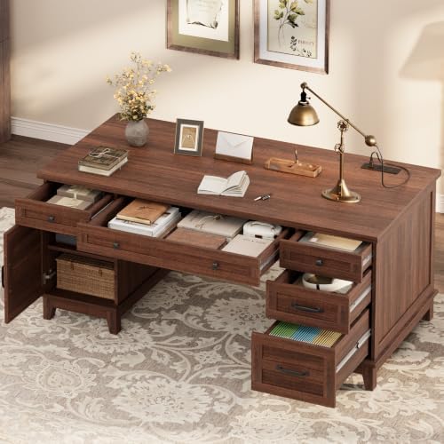 Garvee 60" Wooden Home Office Desk with File Drawers, Executive Desk with Adjustable Cabinet, Farmhouse Wood Desk with Power Outlet, Distressed Study and Work Table, Rustic Brown - Image 4