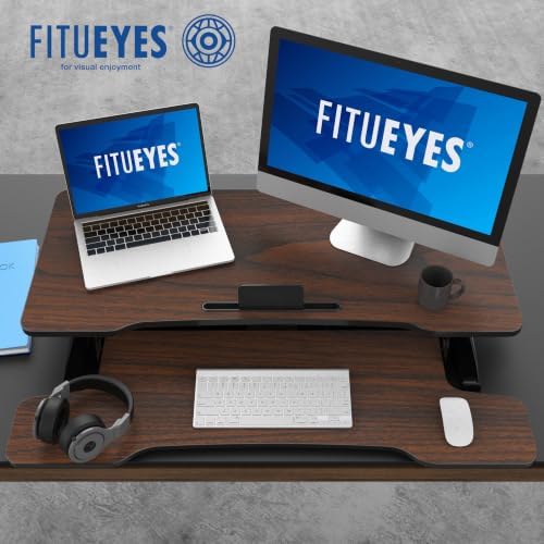 FITUEYES Height Adjustable Standing Desk 36” Wide Sit to Stand Converter Stand Up Desk Tabletop Workstation for Laptops Dual Monitor Riser Brown SD309102WE - Image 3