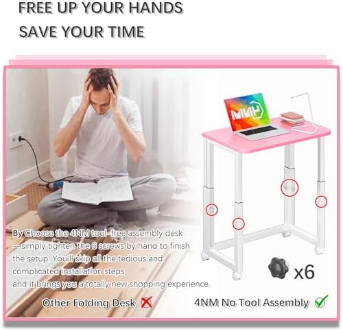 4NM No Tool Assembly 23.6" Small Desk, Folding Portable Desk with Wheels, Adjustable Height Foldable Computer Home Office Desks, Collapsible Study Writing Table for Space Saving Bedroom - Pink White - Image 5
