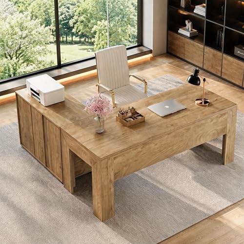Tribesigns L Shaped Executive Office Desk with Drawers, Light Brown - Image 6