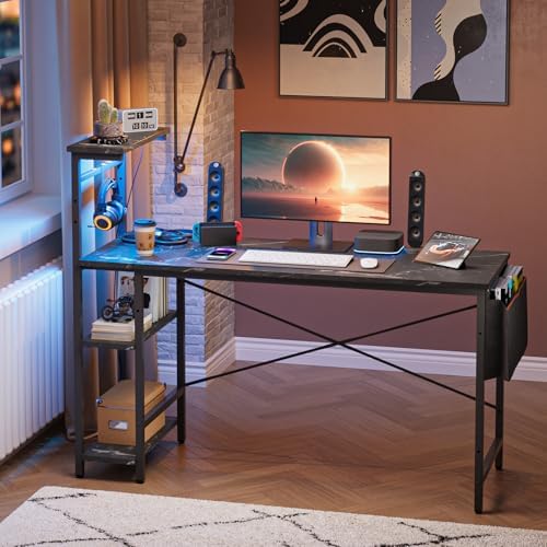 Bestier Gaming Desk with LED Lights, 51.3 Inch Computer Desk with 4 Tiers Reversible Shelves, Gamer Desk with Side Storage Bag, Hooks and Height Adjustable Shelf (Black Marble) - Image 5