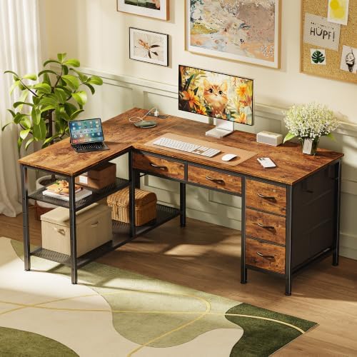 PRAISUN 47 Inch L Shaped Desk with Power Outlets, 5 Fabric Drawers - Image 2