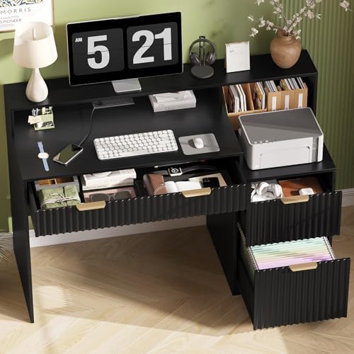 Vabches Fluted Computer Desk with Power Outlets, Home Office Desk with Drawers, Printer Stand, Wood Computer Desk with Long Monitor Stand, Black - Image 6