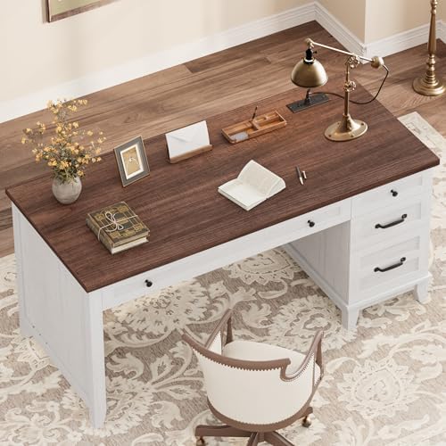 Garvee 53.5" Wooden Home Office Desk with File Drawers, Executive Desk with Power Outlet, Farmhouse Wood Desk with Storage, Distressed Study and Work Table, Rustic White - Image 3
