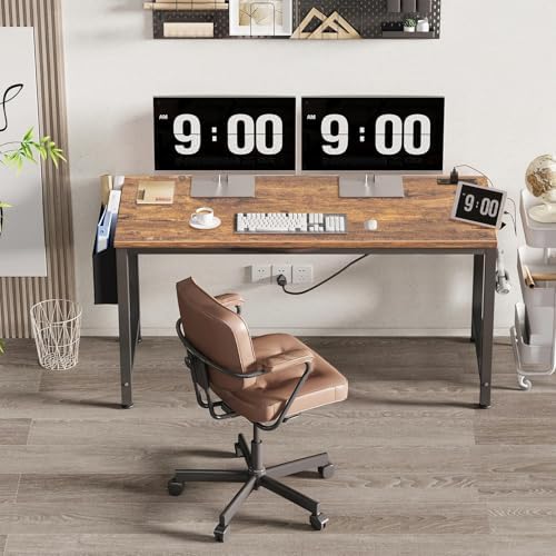 Lufeiya Gaming Desk with Power Outlet, 55 inch Teen Study Table Home Office Work Writing Computer Desks with Charging Station Outlets Built in, Brown - Image 2