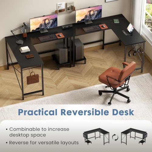 DUMOS L Shaped Computer Corner Desk with PC Stand, Black - Image 3