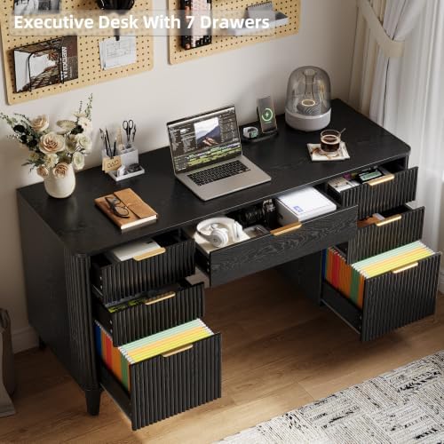 55.1" Fluted Executive Desk with Drawers, Wood Computer Desk with Storage Cabinet, Home Office Desk with Charging Station, Farmhouse Desk with File Cabinet for Office Home - Image 6