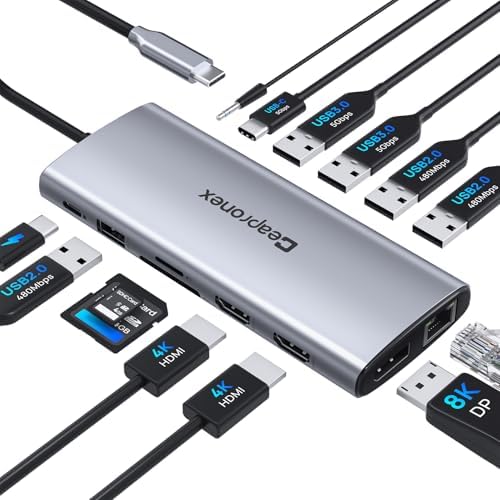 USB C Docking Station 14 in 1 with 2 HDMI 4K + DP 8K 3 Monitors Triple Display for Laptop,/MacBook Pro/Air/HP/DELL/Lenovo, USB C Hub Dongle Dock with USB 3.0, RJ45,100W PD, SD/TF, Audio/Mic by OneDockManyDevices