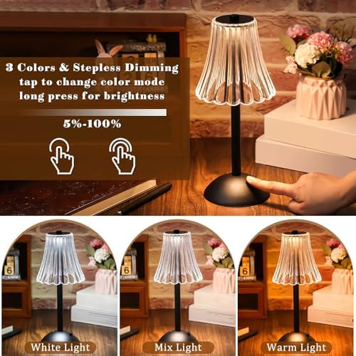 Liliful 2 Pcs Cordless Table Lamp LED Touch, Black, Rose Style - Image 4