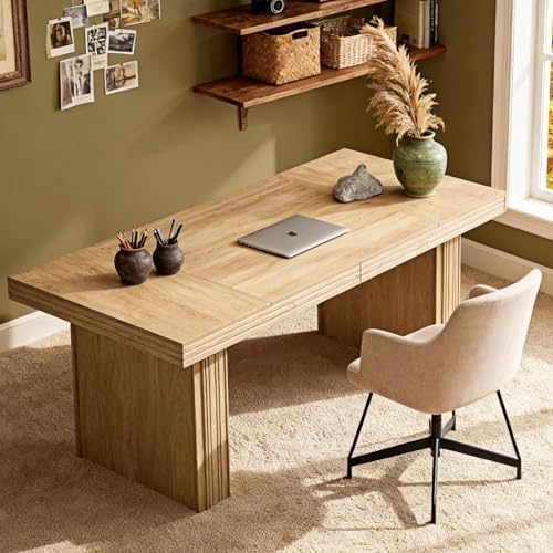 Tribesigns Modern Office Desk, Home Office Table with Wide Fluted Legs, Modern Desk for Home Office, Natural - Image 3