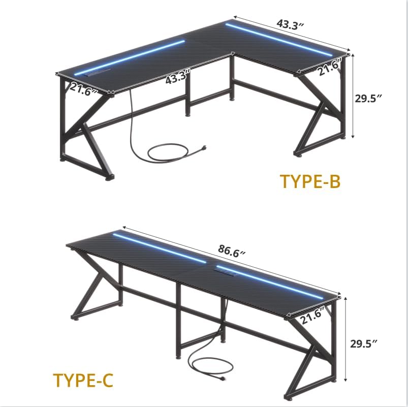 43.3'' L Shaped Gaming Desk with LED Lights & Power Outlets, Black Desk - Image 3