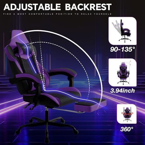 Gaming Chair with Footrest, High Back Gaming Chairs PVC Leather Ergonomic Gamer Chair with Adjustable Headrest Lumbar Support Racing Style Video Gaming Chair for Office/Home (Purple) - Image 4