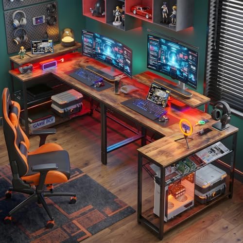 Bestier 42-Inch L-Shaped Gaming Desk with Charging & LED, Rustic Brown - Image 4