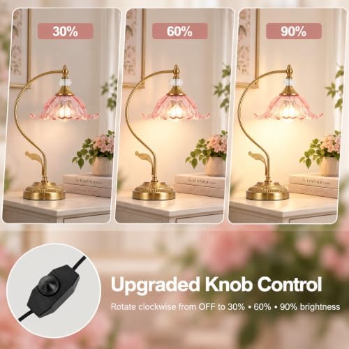 Vintage Floral Table Lamp, Plug in Mid-Century Modern Desk Lamp with Transparent Glass Shade, Gold Bedside Table Lamp Dimmable for Bedroom Living Room Home Office - Image 2