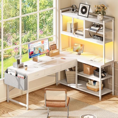 PRAISUN 57.5 Inch L Shaped Gaming Desk with Power Outlets and LED Lights - Image 2