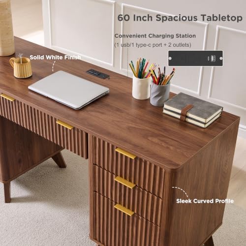 T4TREAM 60" Modern Fluted Executive Desk with Drawers, Light Walnut - Image 5