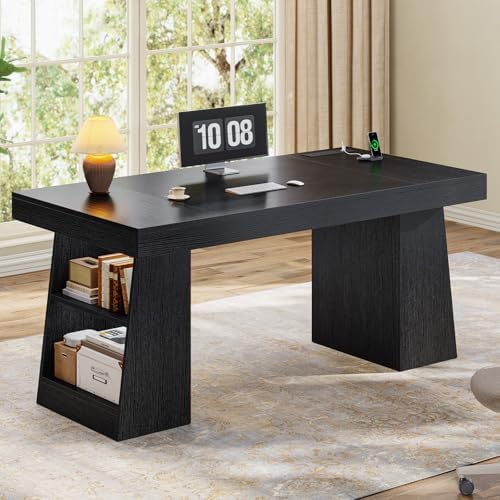 UPOSOJA 55.9 in Executive Desk with Power Outlets, Modern Home Office Desk with Storage Shelves, Wood Computer Desk Business Workstation Desk Conference Table, Black (Storage Shelves) - Image 5