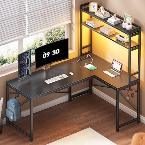 SEDETA L Shaped Gaming Desk, Reversible 45.3” Small Corner Desk with Power Outlet and LED Lights, Corner Gaming Desk with Storage Shelves, Hooks for Small Space, Black - Image 3