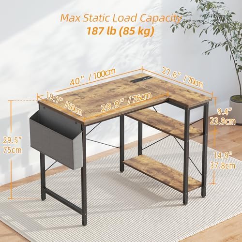 TIQLAB Small Computer Desk with Power Outlets, 40 Inch L Shaped Desk with Reversible Shelves, Gaming Desk Corner Desk Study Writing Desk for Home Office Bedroom Small Space, Rustic Brown - Image 3