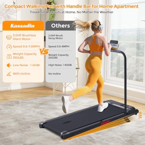 KASSADIN Electric Walking Pad Treadmill with Handle Bar Incline for Home, Portable Walking Pad Treadmill with Handles for Home Small, 3.0HP Mini Under Desk Treadmill for Exercising, 0.6-7.6MPH, 350LB - Image 3