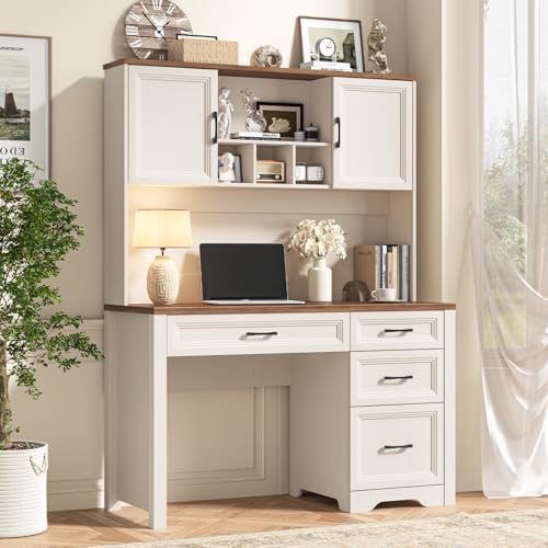 Vabches Farmhouse Executive Desk with 4 Drawers and Storage Cabinet, Rustic Large Home Writing Desk with Hutch, Workstation for Bedroom, White by Vabches