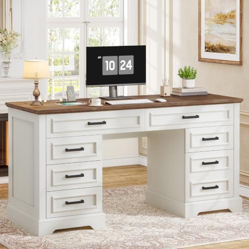 58" Executive Desk with 7 Drawers, Large Computer Desk with Charging Station , Wood Home Office Desk with File Drawer for Letter/A4 Size Hanging Files for Home Office, Rustic White and Rustic Brown by Vabches