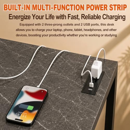 Folding Table Computer Desk - 35.8" No Assembly Folding Desk with Power Outlets & USB Charging Port, Small Desk, Foldable Office Desk, Compact Storage Portable Use for Small Space, Marble Greige - Image 6