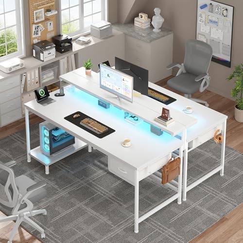 DurayLoly 47.2" Computer Desk with Power Outlet & Fabric Drawer,White - Image 2