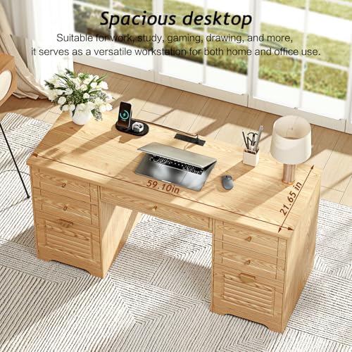 Ieejdn 59" Home Office Desks, Executive Desk, Farmhouse Computer Desk with 7 Drawers and Charging Station, File Drawer, Rustic Computer Writing Desk,Antique Wood - Image 6
