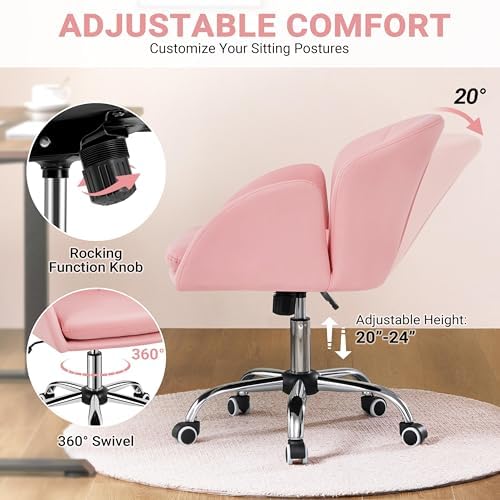 Yaheetech Simple Pink Petal Faux Leather Vanity Desk Chair, Swivel Wheels - Image 6