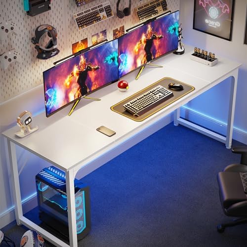 Huuger Computer Desk, 70 Inch Office Desk, Gaming Desk with Storage, Writing Desk Work Desk for Home Office, Study, Long Simple Desk, Large Legroom, Metal Frame, White - Image 4