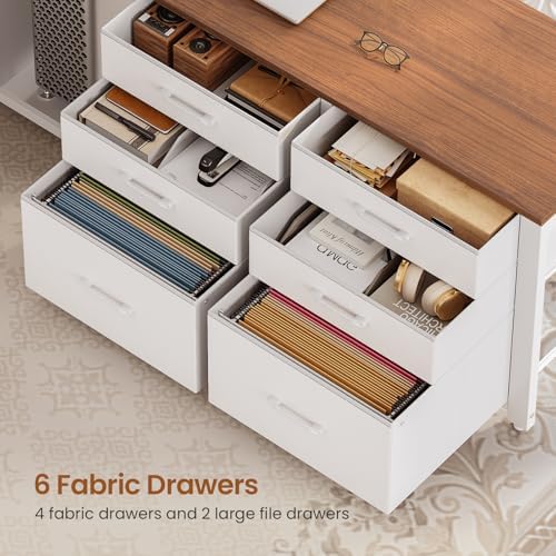 SEDETA L Shaped Electric Standing Desk, 55" x 55" Height Adjustable Office Executive Desk with 6 Fabric Drawers and Storage Shelves, Sit Stand Computer Desk with Power Outlet (White + Brown) - Image 5