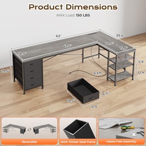 Huuger 63 Inch L Shaped Desk with Fabric Drawers, Reversible Computer Gaming Desk with Power Outlets and USB-C Port, Adjustable Side Storage Shelves, for Work Study Corner Home Office, Grey - Image 3
